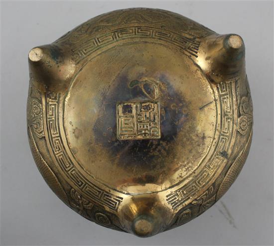 A Chinese bronze tripod censer, Xuande two character mark, 19th century, diam. 18cm, weight 2780g., old repair to base